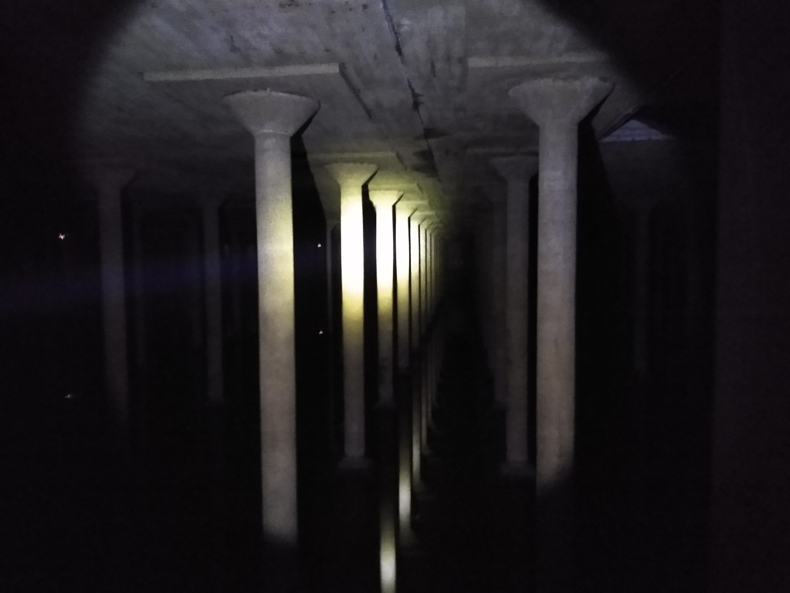 Concrete columns widen beneath a low ceiling and repeat into the dark interior of Houston's Buffalo Bayou Park Cistern.