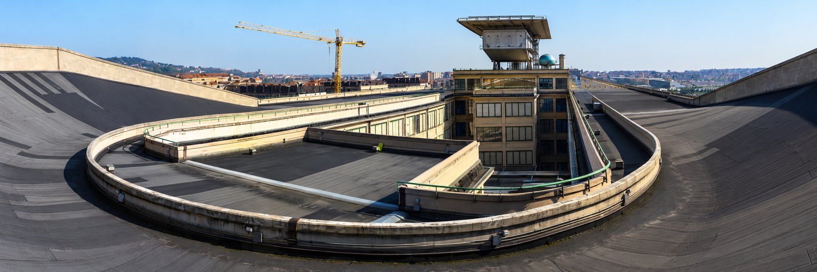 AI editorial illustration of lingotto rooftop.