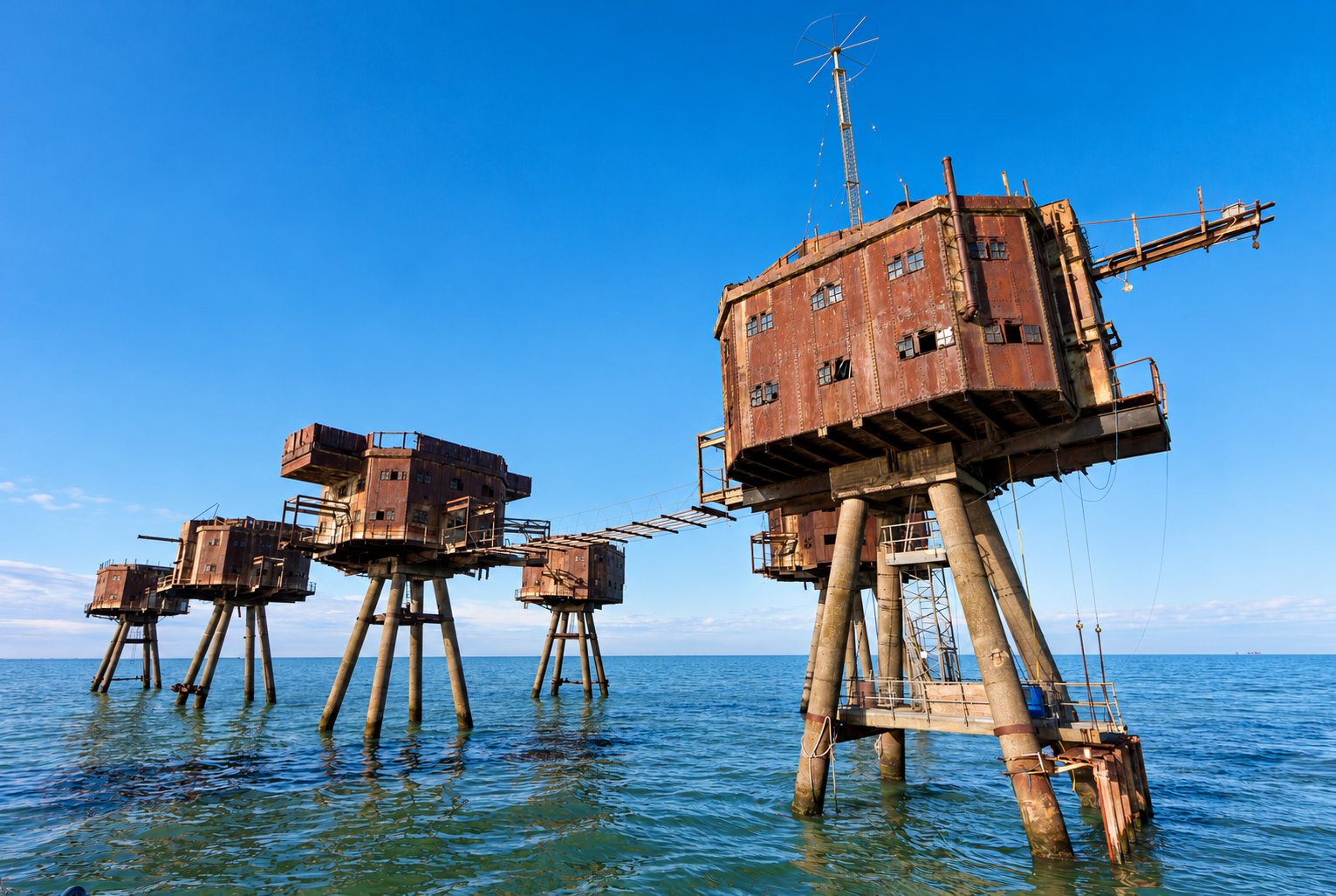 AI editorial illustration of maunsell sea forts.