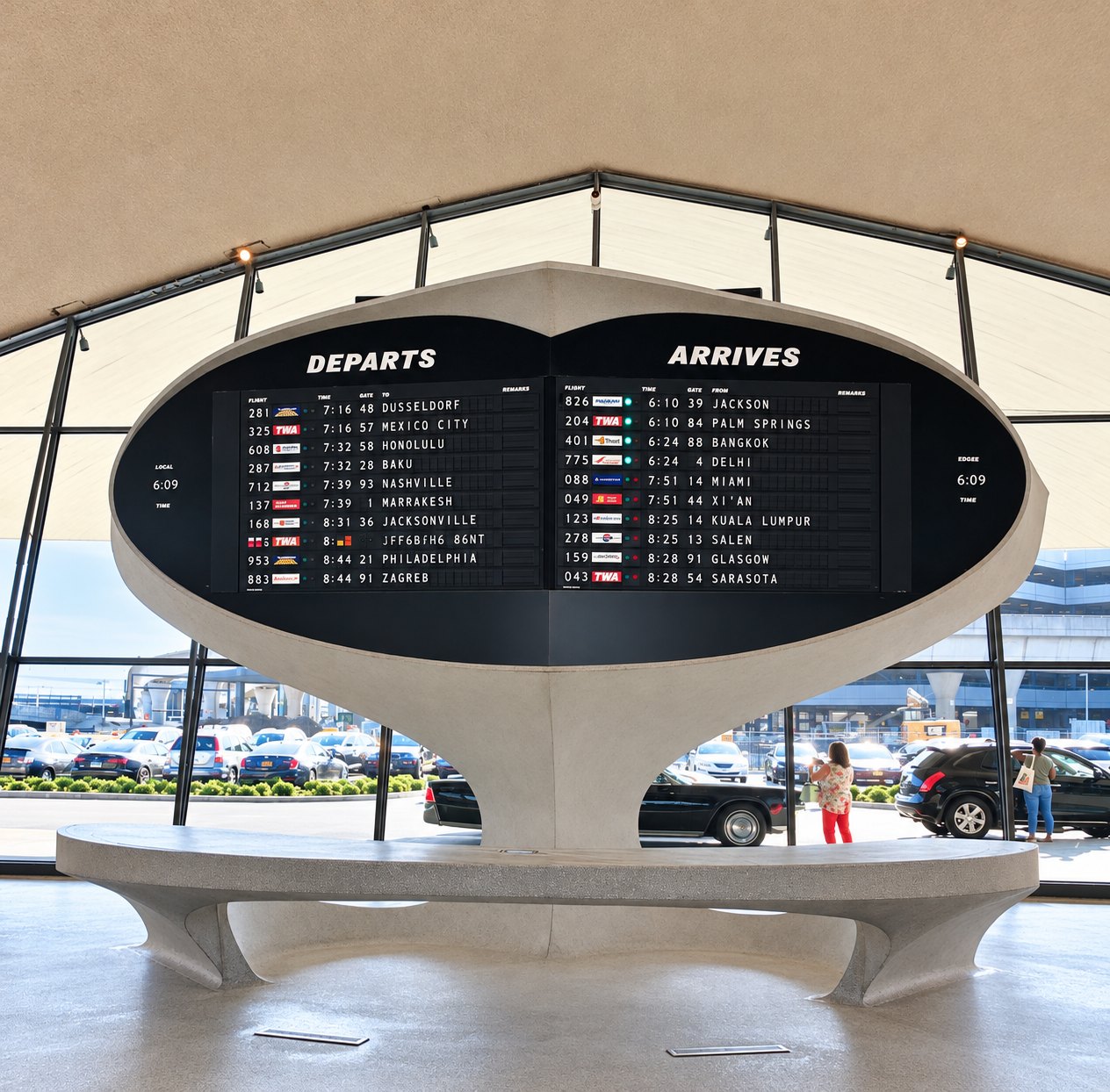 AI editorial illustration of twa flight center.